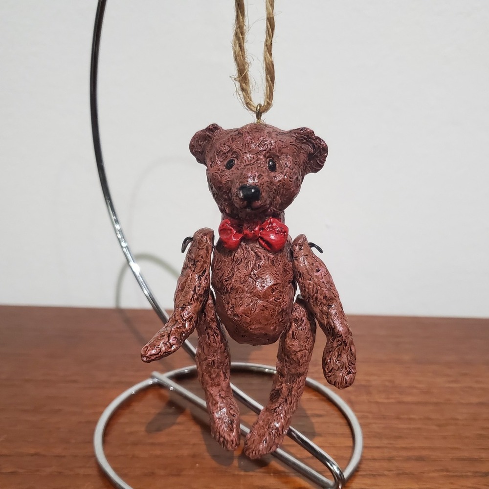 Vintage Folk Art Brown Teddy Bear Ornament w/ Red Bow Tie – Movable Joints